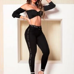 PIT BULL JEANS 59549 - Black Skinny Pants With Gold Logomania And Butt Lifting