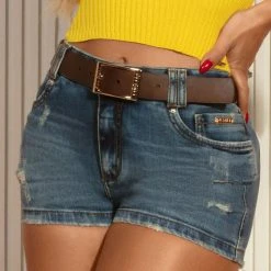 PIT BULL JEANS Movement Denim Shorts Butt Lifting With Destroyed And Leather Belt - 59643