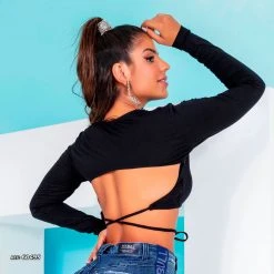 PL REPRESENTAÇÃO MALHA Long Sleeve Black Crop Top - 60495 Tops