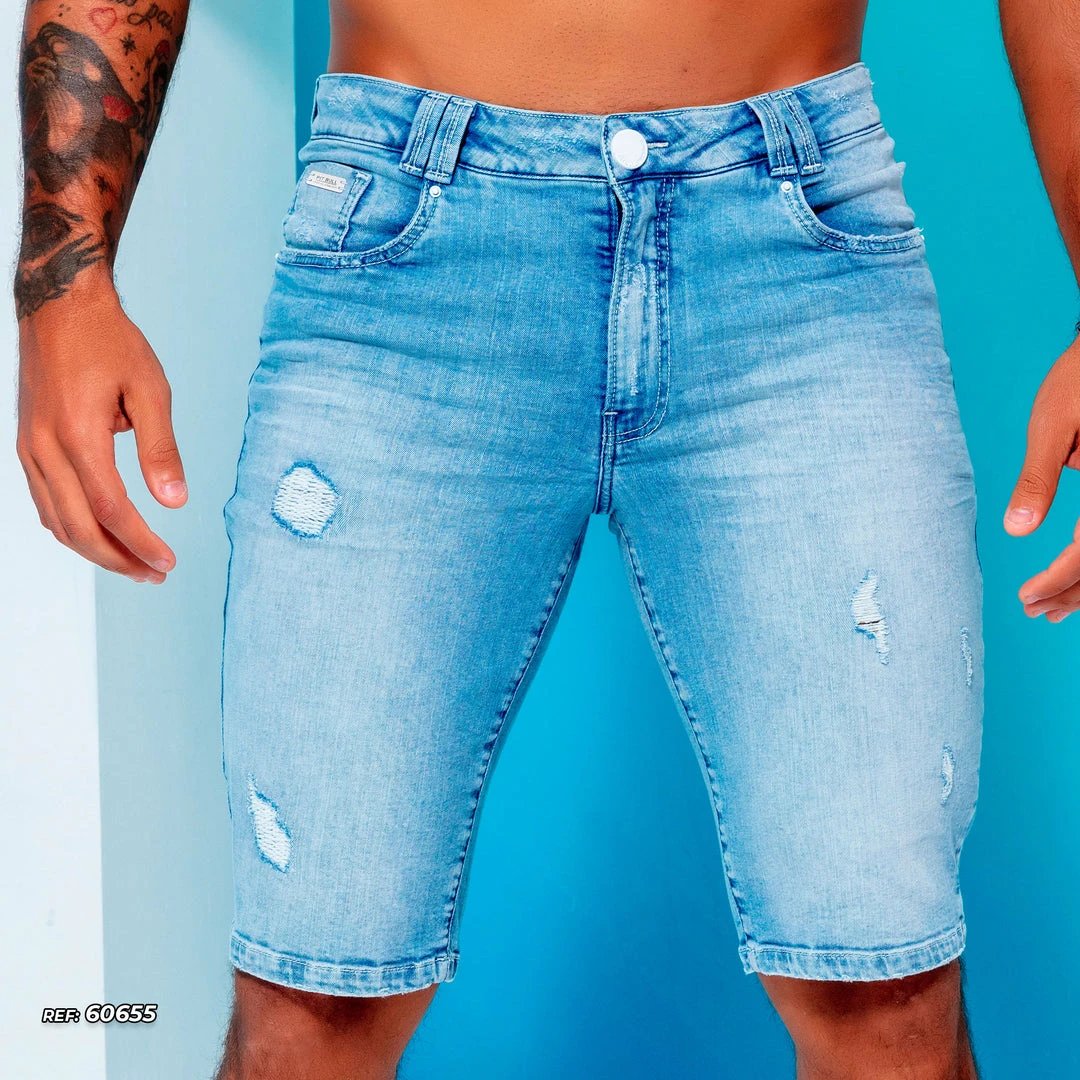 PL REPRESENTAÇÃO JEANS Liberty Men's Light Blue Denim Shorts Destroyed - 60655 3 PL REPRESENTAÇÃO JEANS Liberty Men's Light Blue Denim Shorts Destroyed - 60655