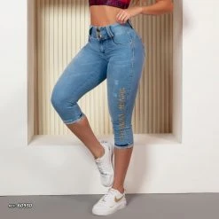 PIT BULL JEANS 60930 - Light Blue Capri Pants With Logomania And Butt Lift Technology