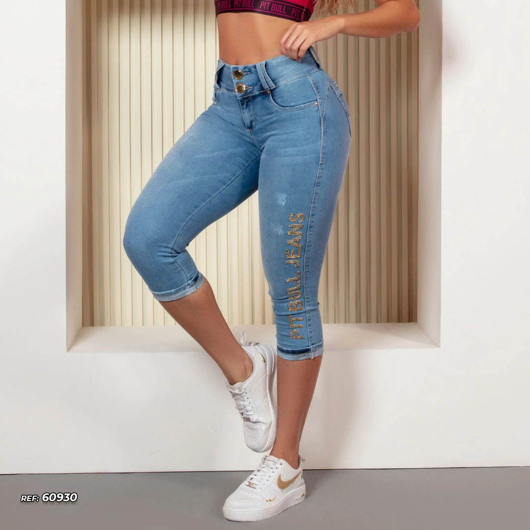 PIT BULL JEANS 60930 - Light Blue Capri Pants With Logomania And Butt Lift Technology 3 PIT BULL JEANS 60930 - Light Blue Capri Pants With Logomania And Butt Lift Technology