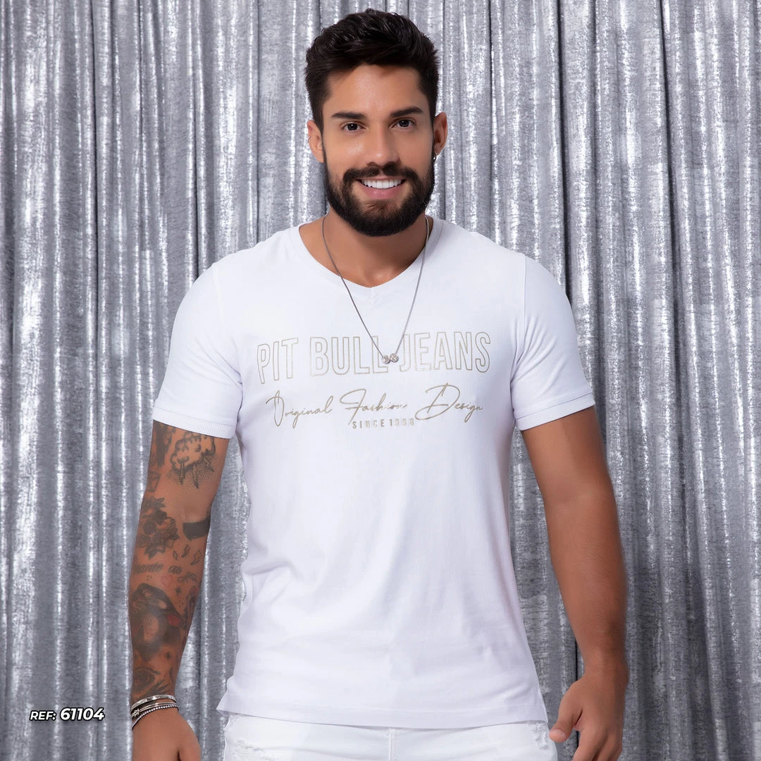 PL REPRESENTAÇÃO MALHA Men White And Gold V-neck T-shirt - 61104 3 PL REPRESENTAÇÃO MALHA Men White And Gold V-neck T-shirt - 61104