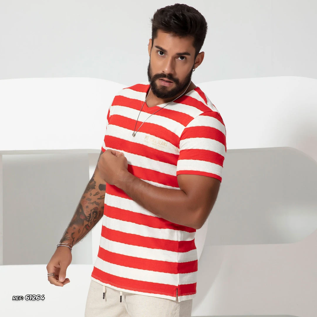 PL MALHA Men's Striped V-neck T-shirt- 61264 5 PL MALHA Men's Striped V-neck T-shirt- 61264