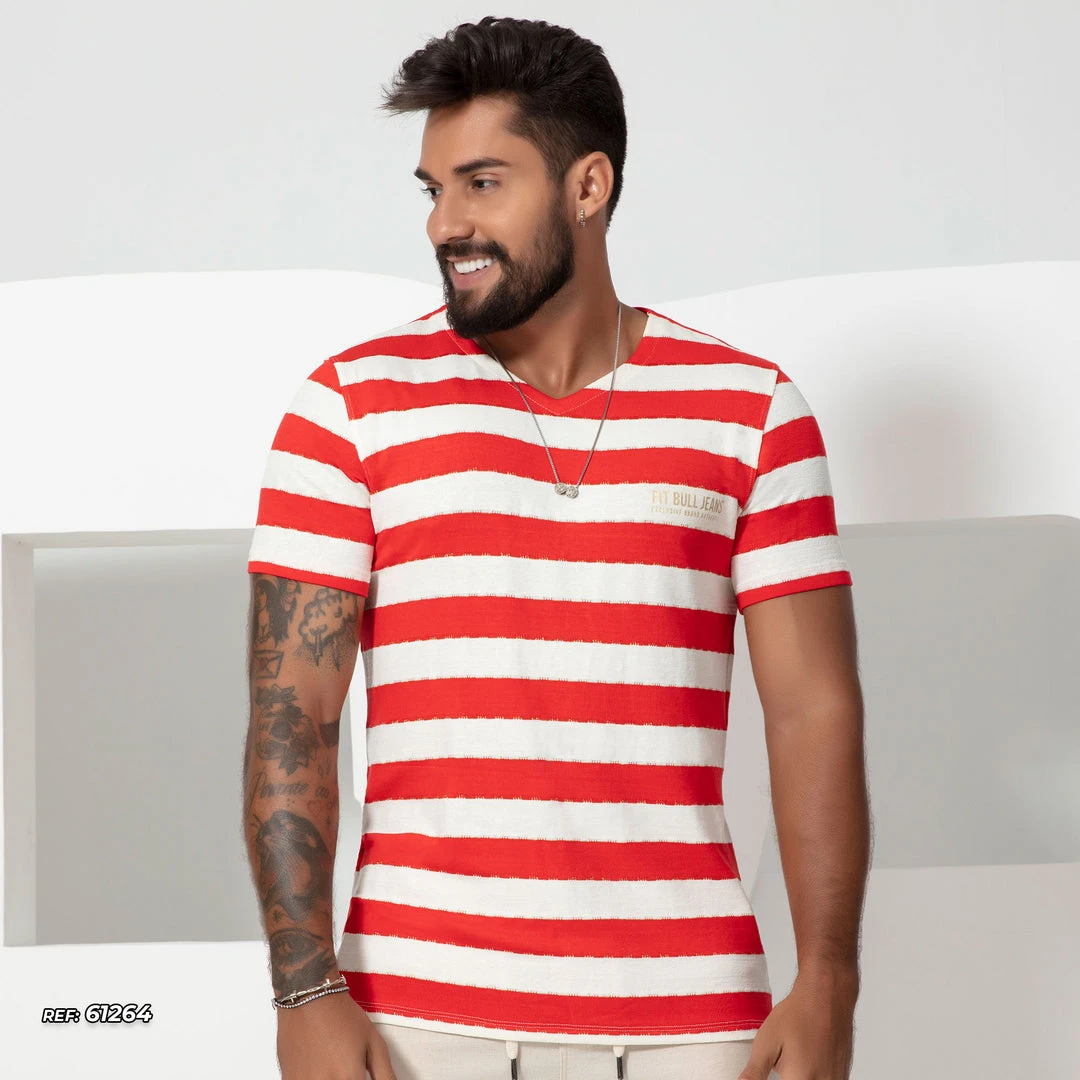 PL MALHA Men's Striped V-neck T-shirt- 61264 3 PL MALHA Men's Striped V-neck T-shirt- 61264