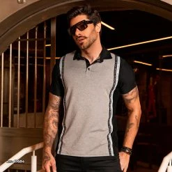 PL MALHA Men's Black Polo T-shirt With Gray Detail And Logomania - 61684 Movement