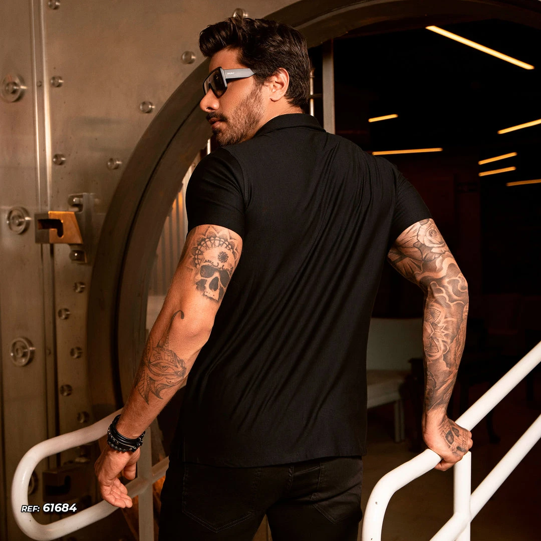 PL MALHA Men's Black Polo T-shirt With Gray Detail And Logomania - 61684 Movement 4 PL MALHA Men's Black Polo T-shirt With Gray Detail And Logomania - 61684 Movement