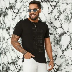 PL MALHA 62334 - Men's Black T-shirt Straight Model With Logomania Identity