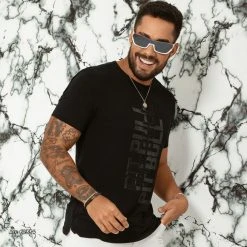 PL MALHA 62334 - Men's Black T-shirt Straight Model With Logomania Identity