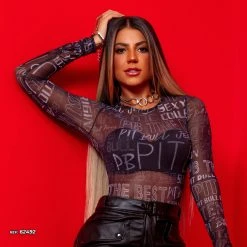 PL MALHA Identity 62492 - Long Sleeve Tulle Bodysuit With Logomania Print