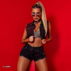 PL JEANS 62895 - Black Denim Shorts Destroyed With Butt Lift Effect