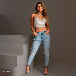 PL JEANS 62719 - Light Blue Boyfriend Pants With Butt Lift And Destroyed Women