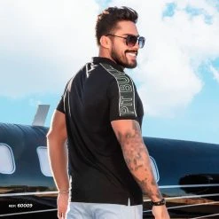 PL MALHA Men's Black Polo With Cutouts - 60009 Conecte-Se