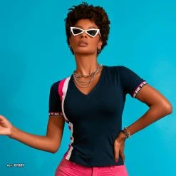 PL MALHA Sexy T-shirt Blue With Cutout And V-neck - 61081